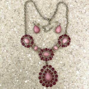 Statement Necklace & Earring Set Medallion Red & Pink